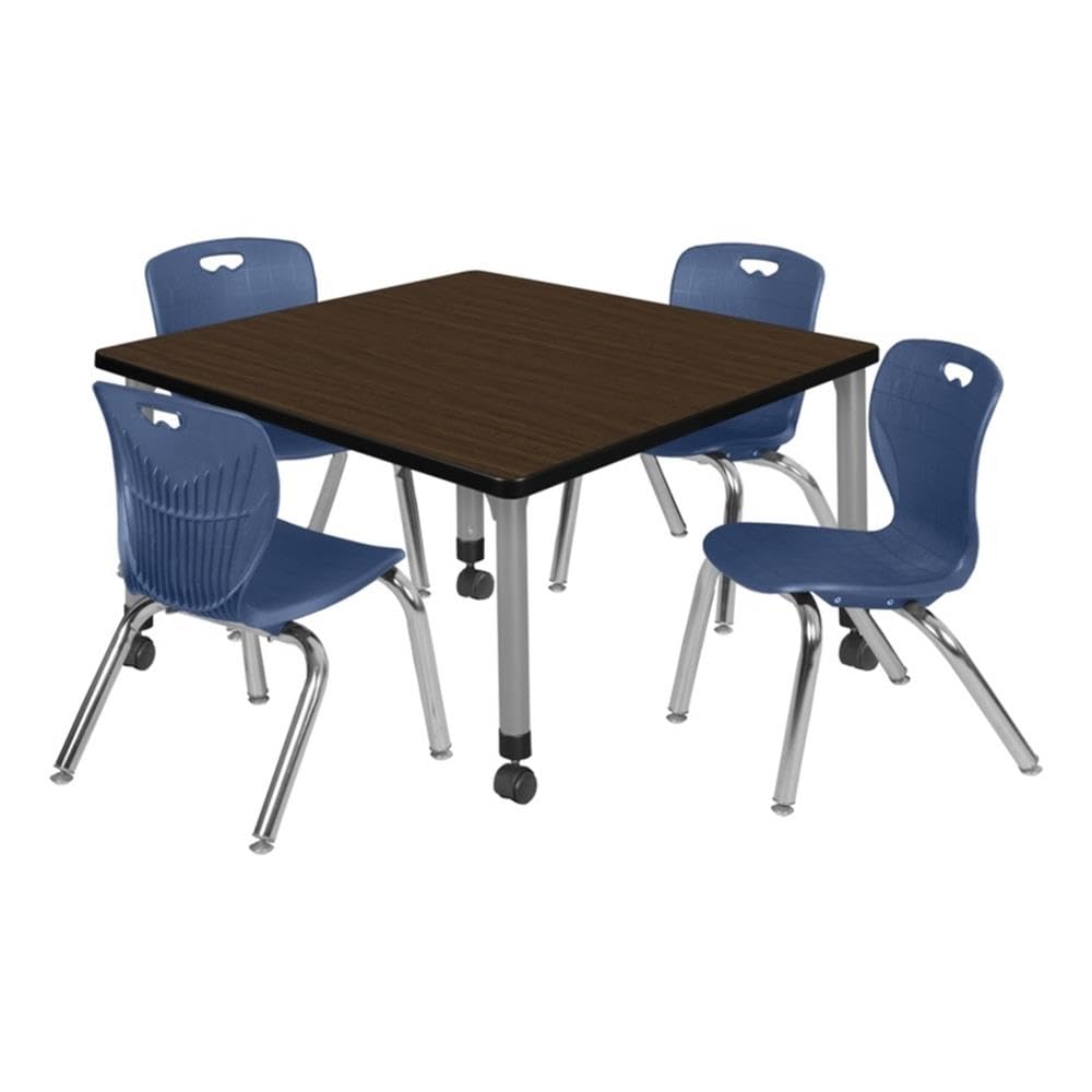 36" Square Mobile Table with 4 Navy Blue Stackable Chairs B33571