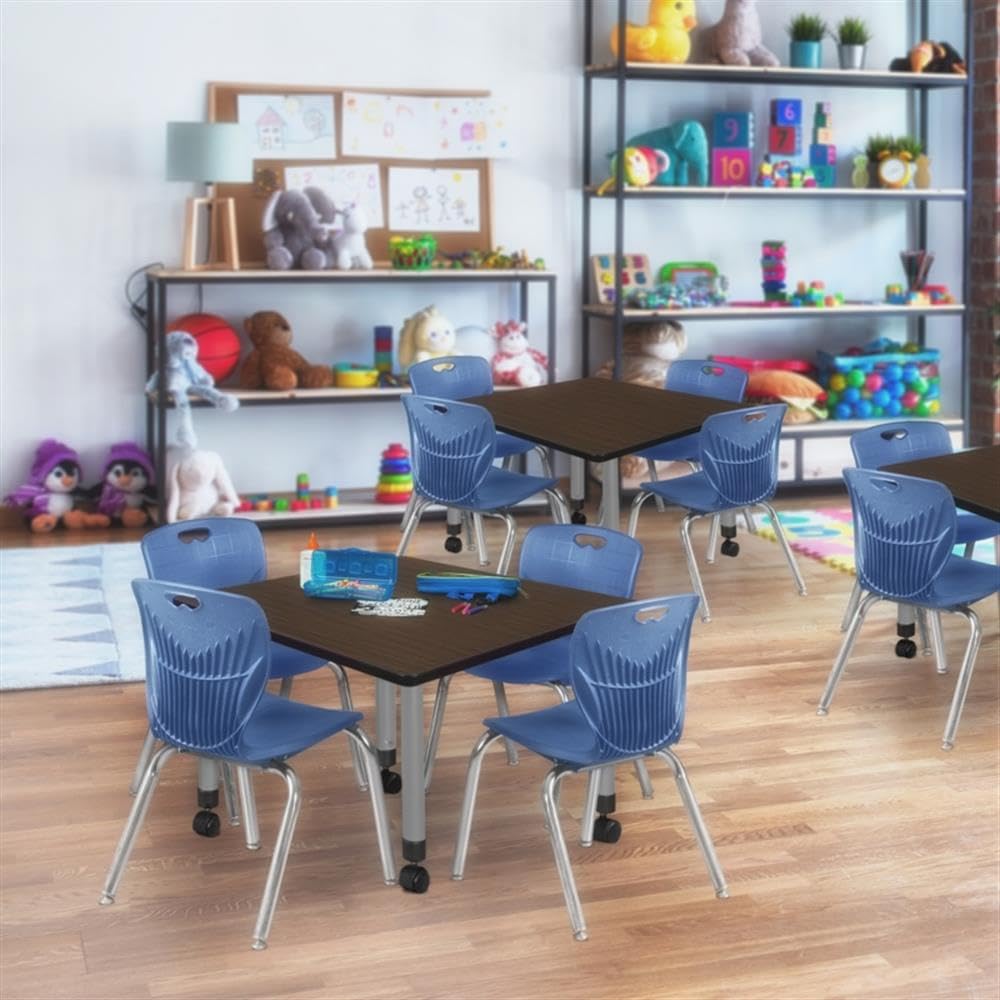 36" Square Mobile Table with 4 Navy Blue Stackable Chairs B33571