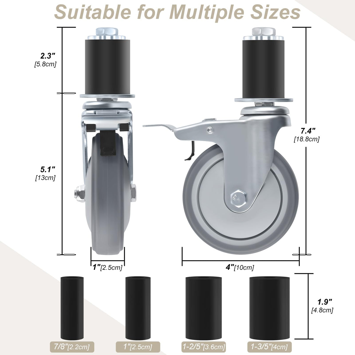4 Inch Heavy Duty Expanding Stem Caster Wheels Set with Brake X10830