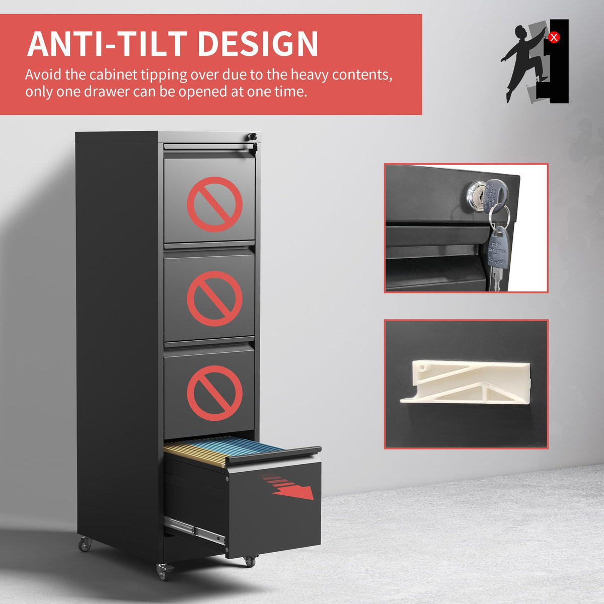 4 Drawer Black Metal File Cabinet with Lock J468