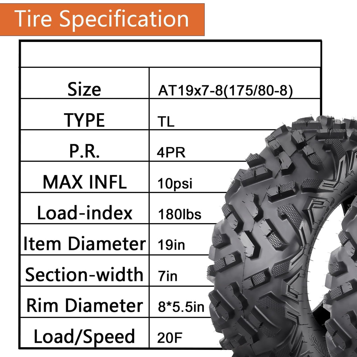 2 Pack 19x7-8 Tubeless All Terrain ATV Tires Z3466