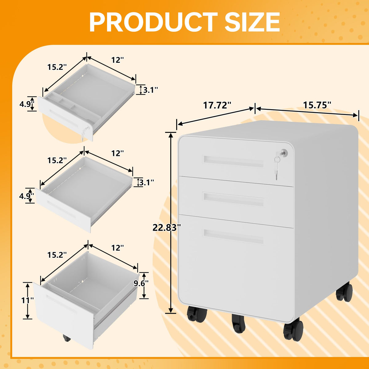 3 Drawer White Metal Filing Cabinet with Lock J41279