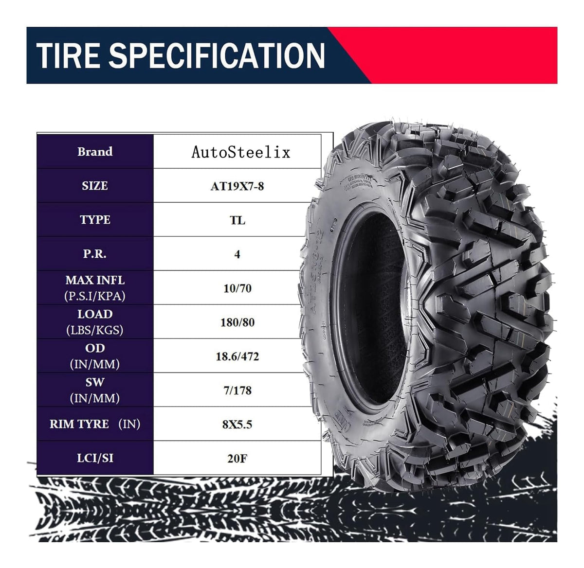 2 Pack 19x7-8 Tubeless All Terrain ATV Tires Z3466