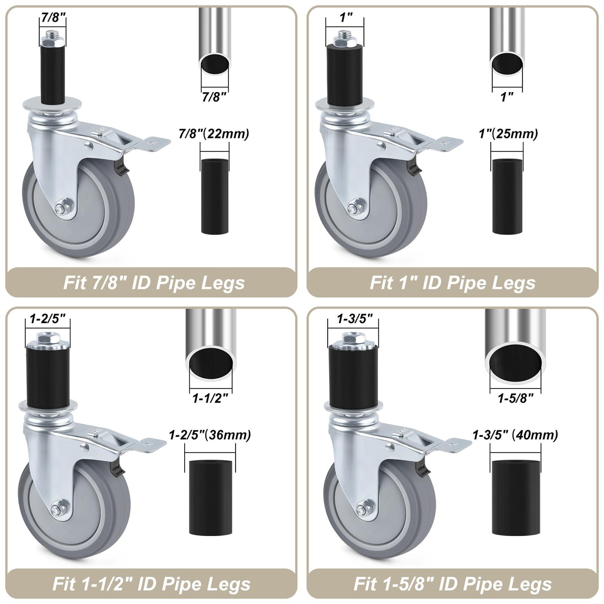 4 Inch Heavy Duty Expanding Stem Caster Wheels Set with Brake X10830