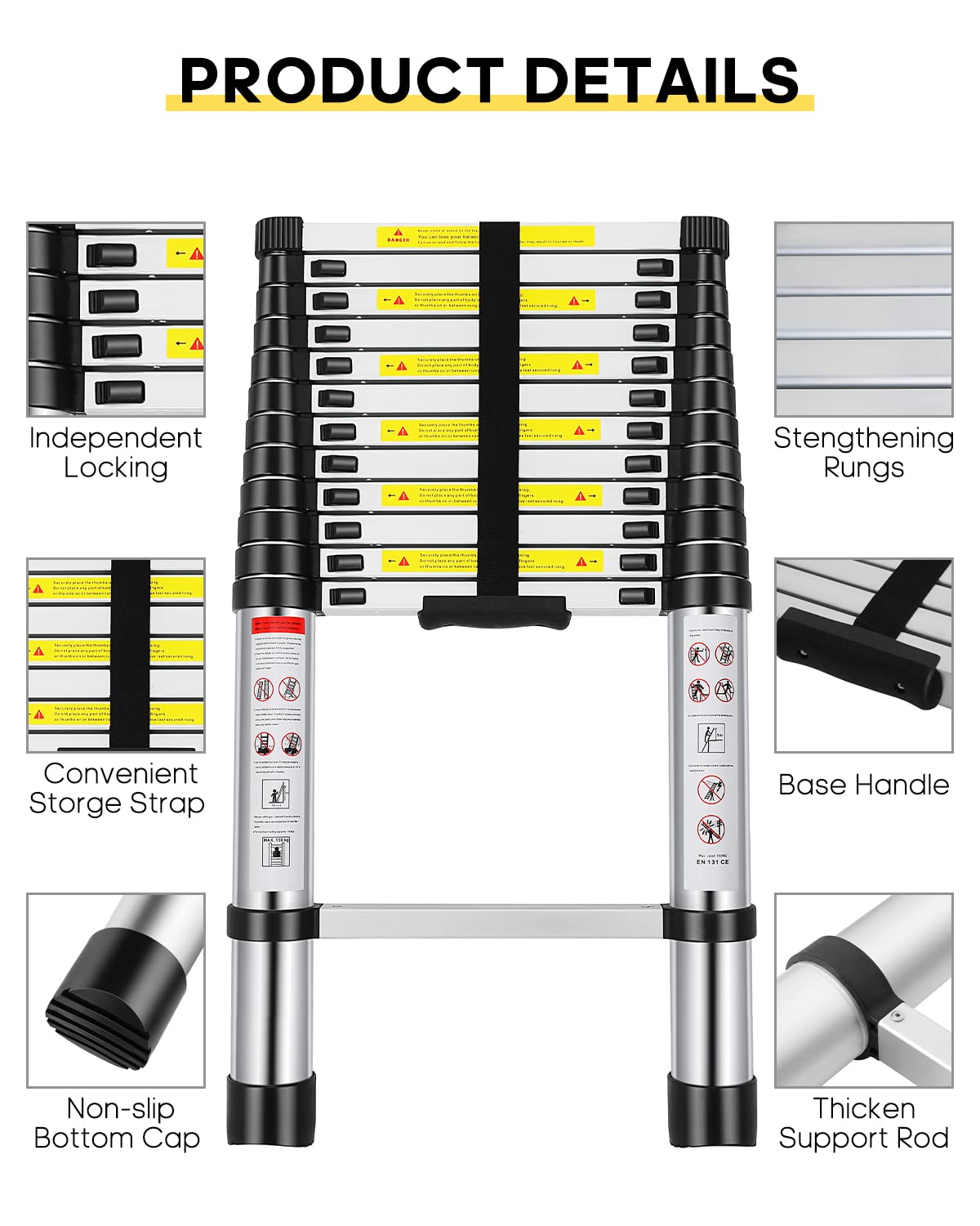 12.5FT Aluminum Telescoping Ladder 330 lb C5704