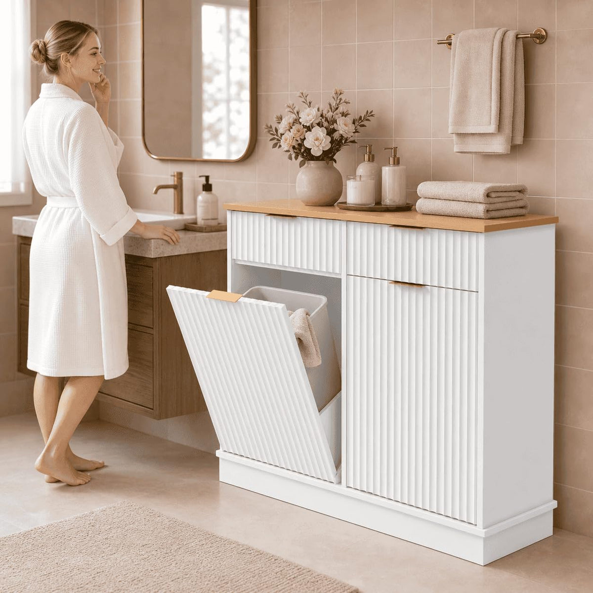 White Double Tilt Out Trash Can Cabinet H3082