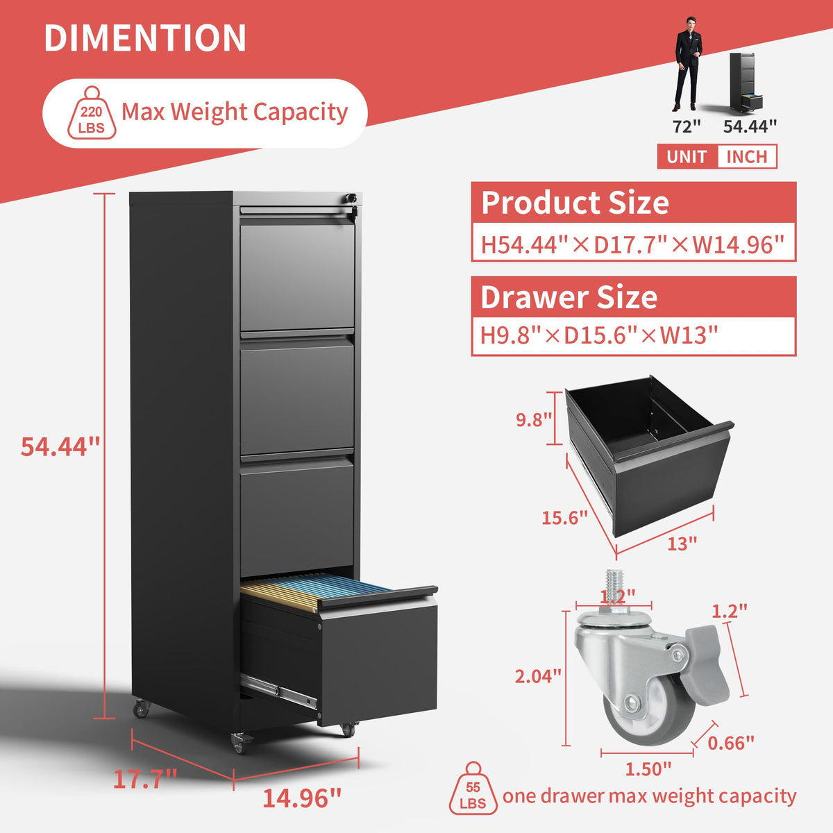 4 Drawer Black Metal File Cabinet with Lock J468