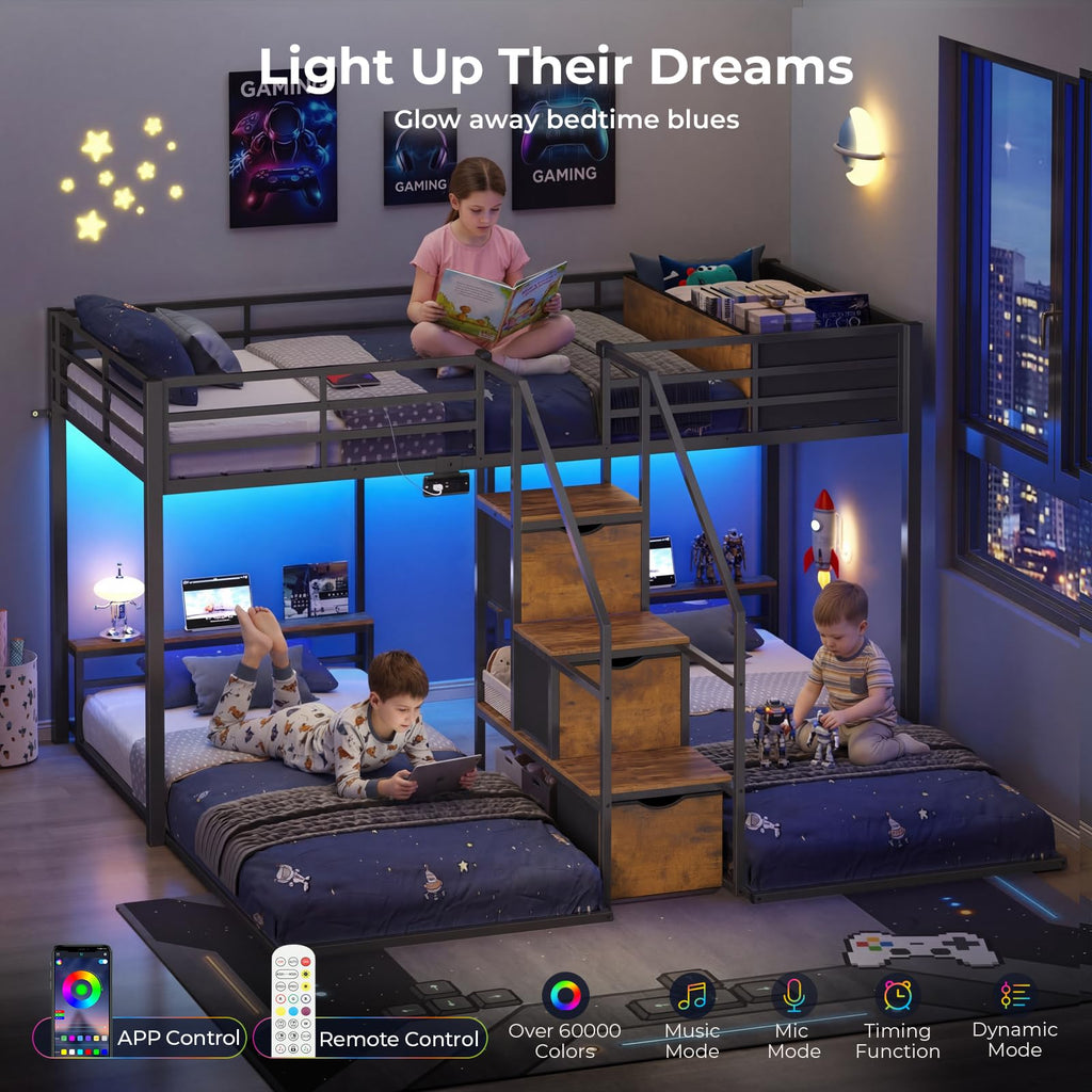Black Triple Bunk Bed Twin Over Twin with Storage Staircase K488