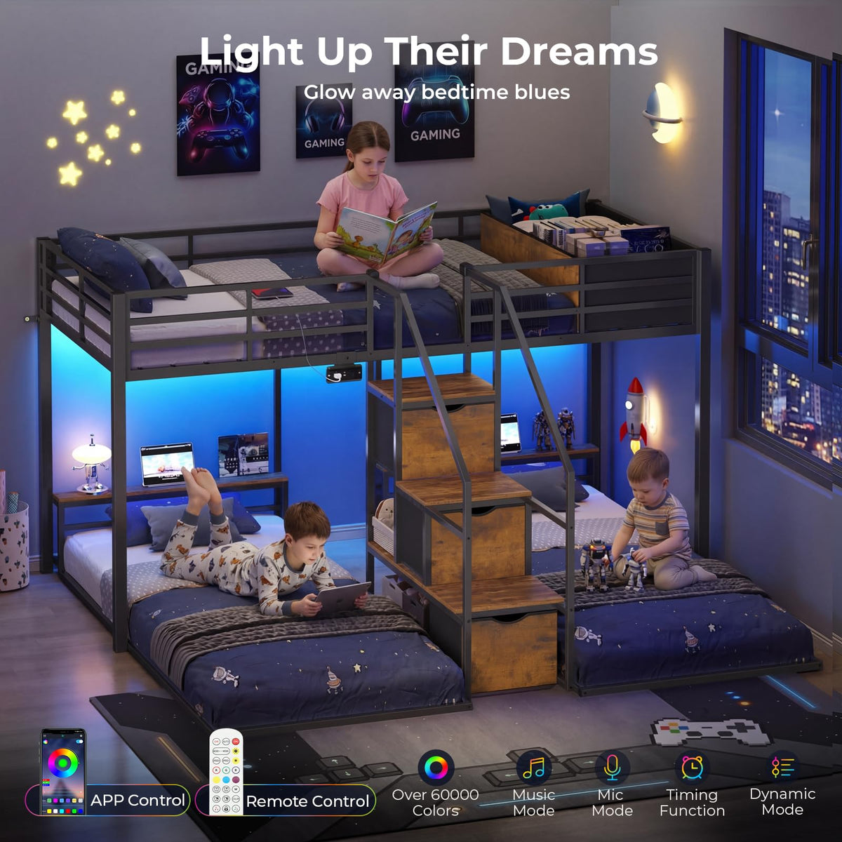 Black Triple Bunk Bed Twin Over Twin with Storage Staircase K488