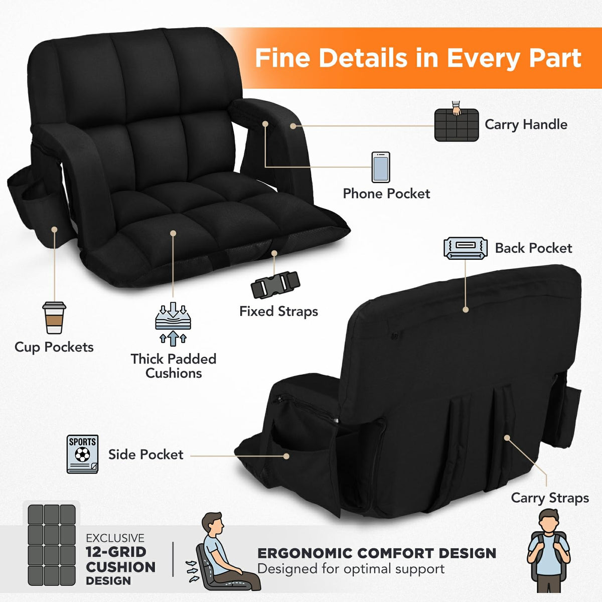 2 Pack 6 Reclining Positions Portable Stadium Seats with Back Support A681