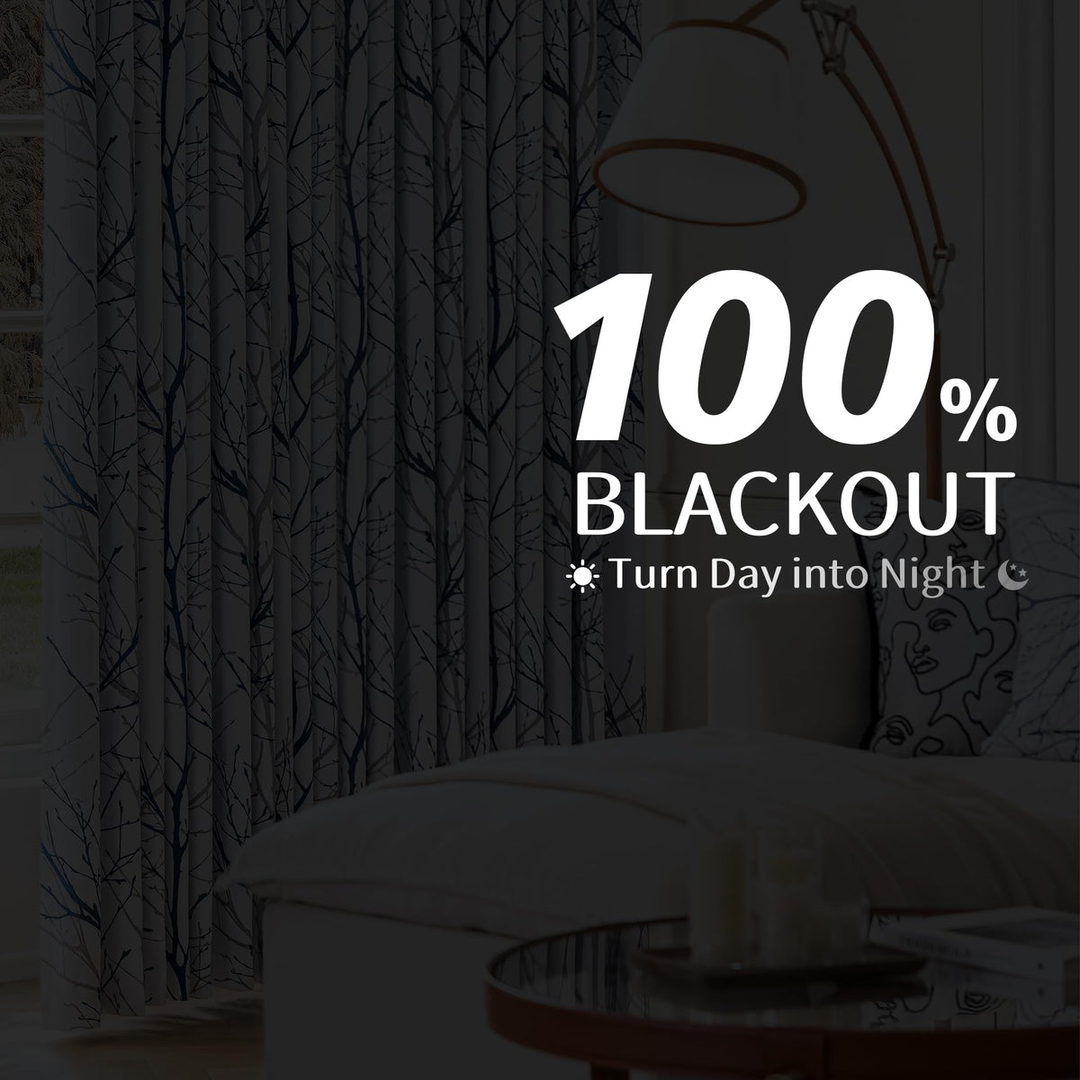 100% Blackout Blue Grey Tree Branch Curtains 84 Inch 2 Panels K291
