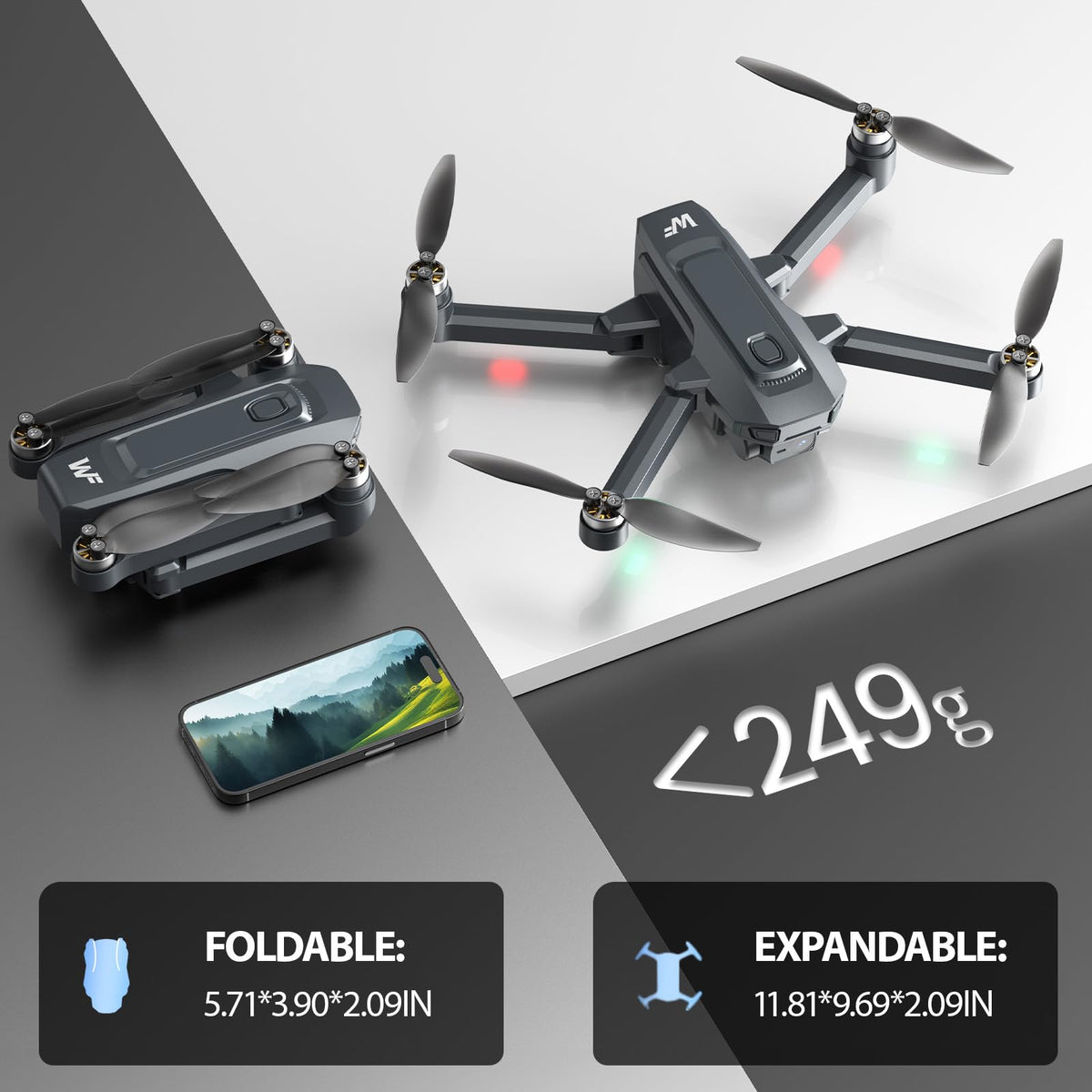 4K Foldable GPS Drone with 4.5" Screen Under 249g Black U16464