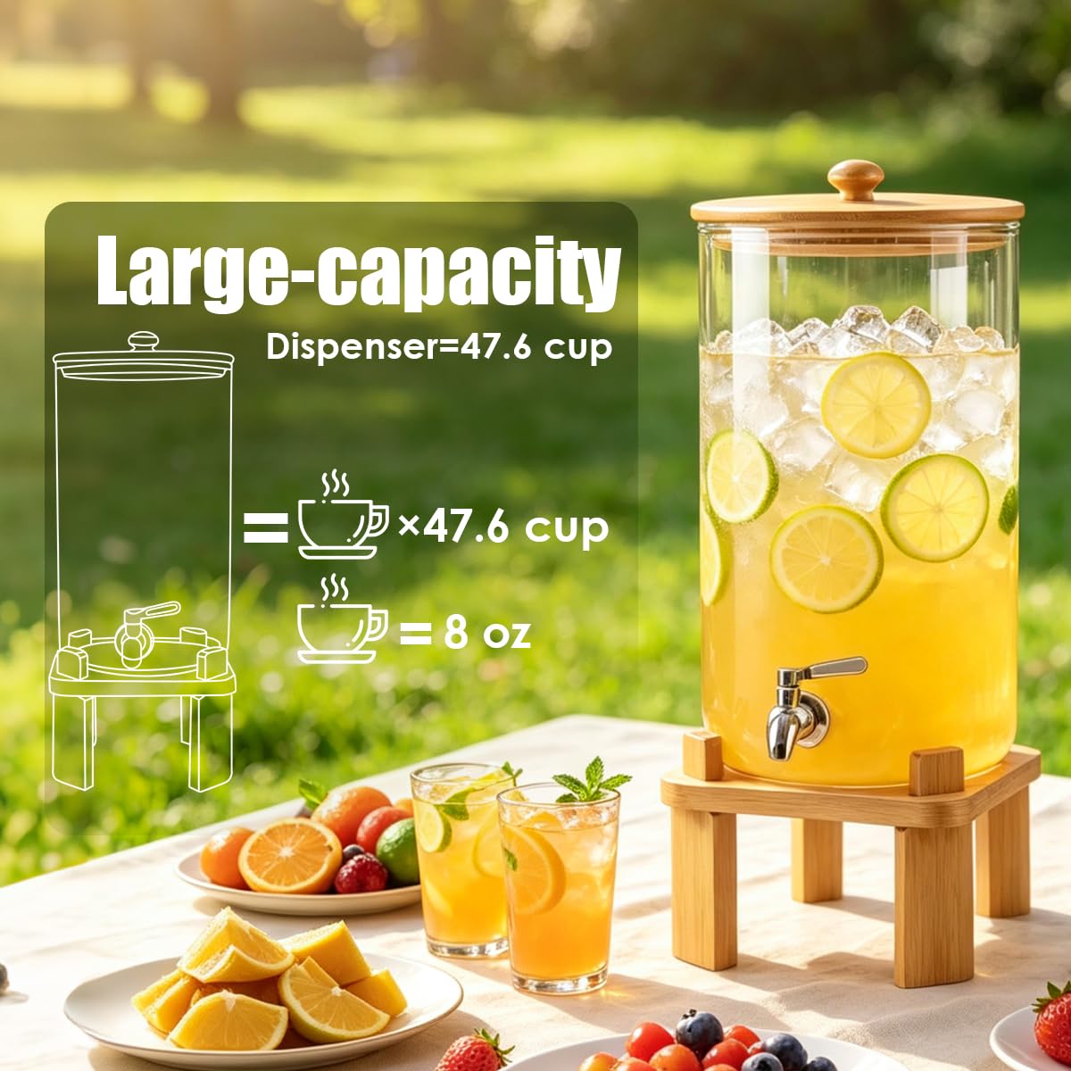 3 Gallon Glass Drink Dispenser with Wood Stand F63465