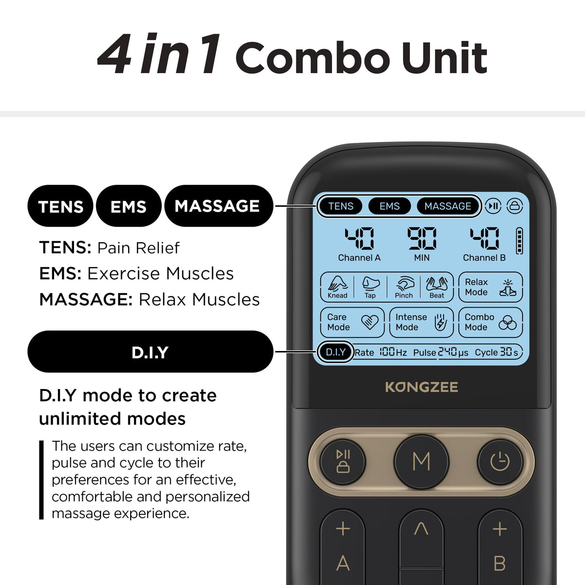 4 in 1 TENS Unit EMS Massage Muscle Stimulator Dual Channel Rechargeable U819