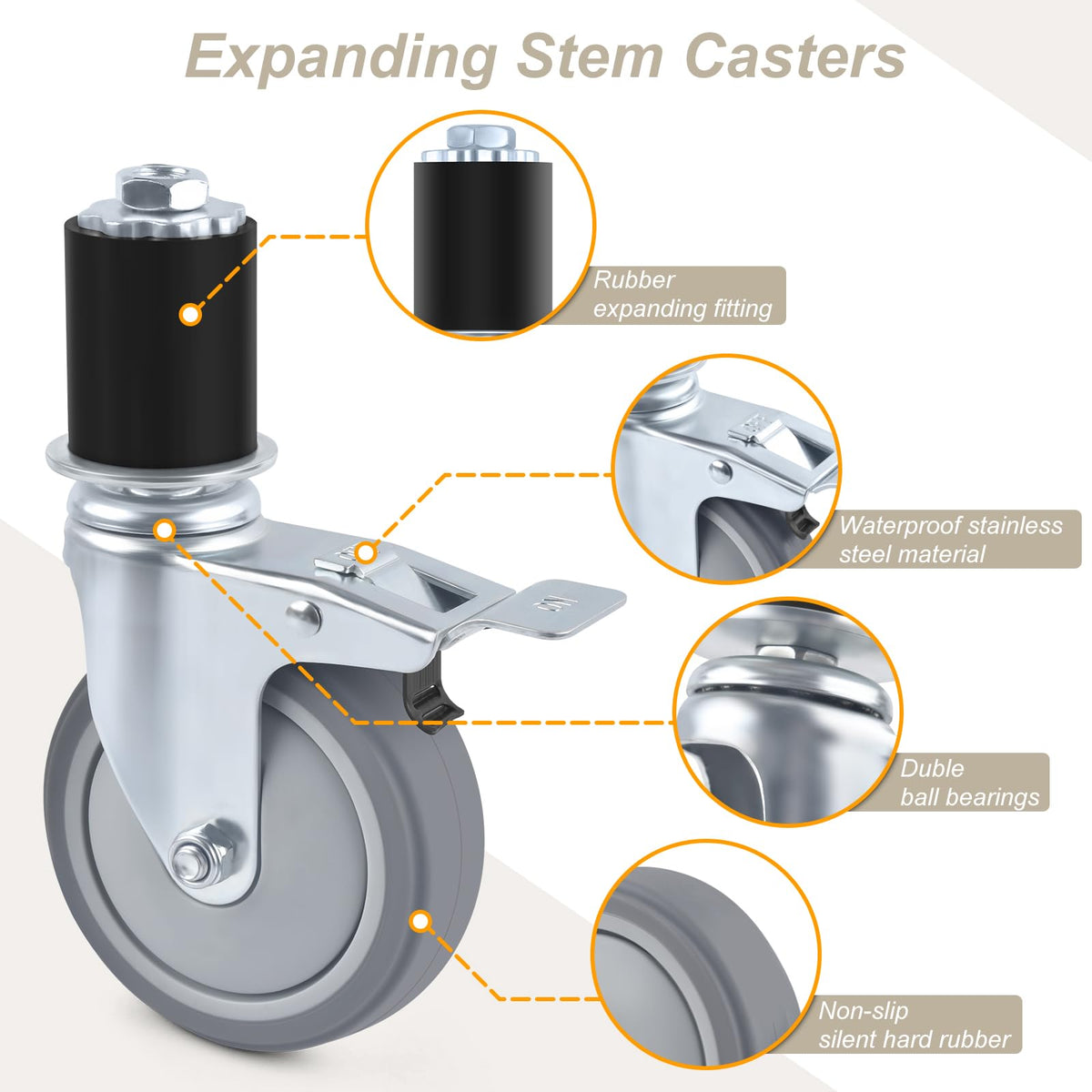 4 Inch Heavy Duty Expanding Stem Caster Wheels Set with Brake X10830