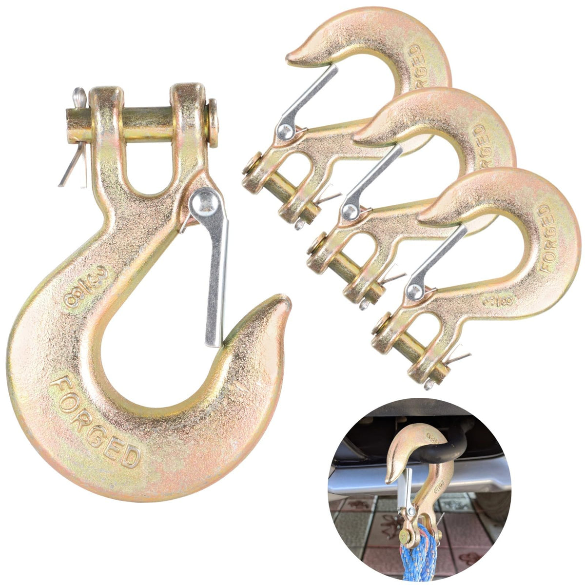 4-Pack 3/8 Forged Clevis Slip Hooks with Safety Latch N430