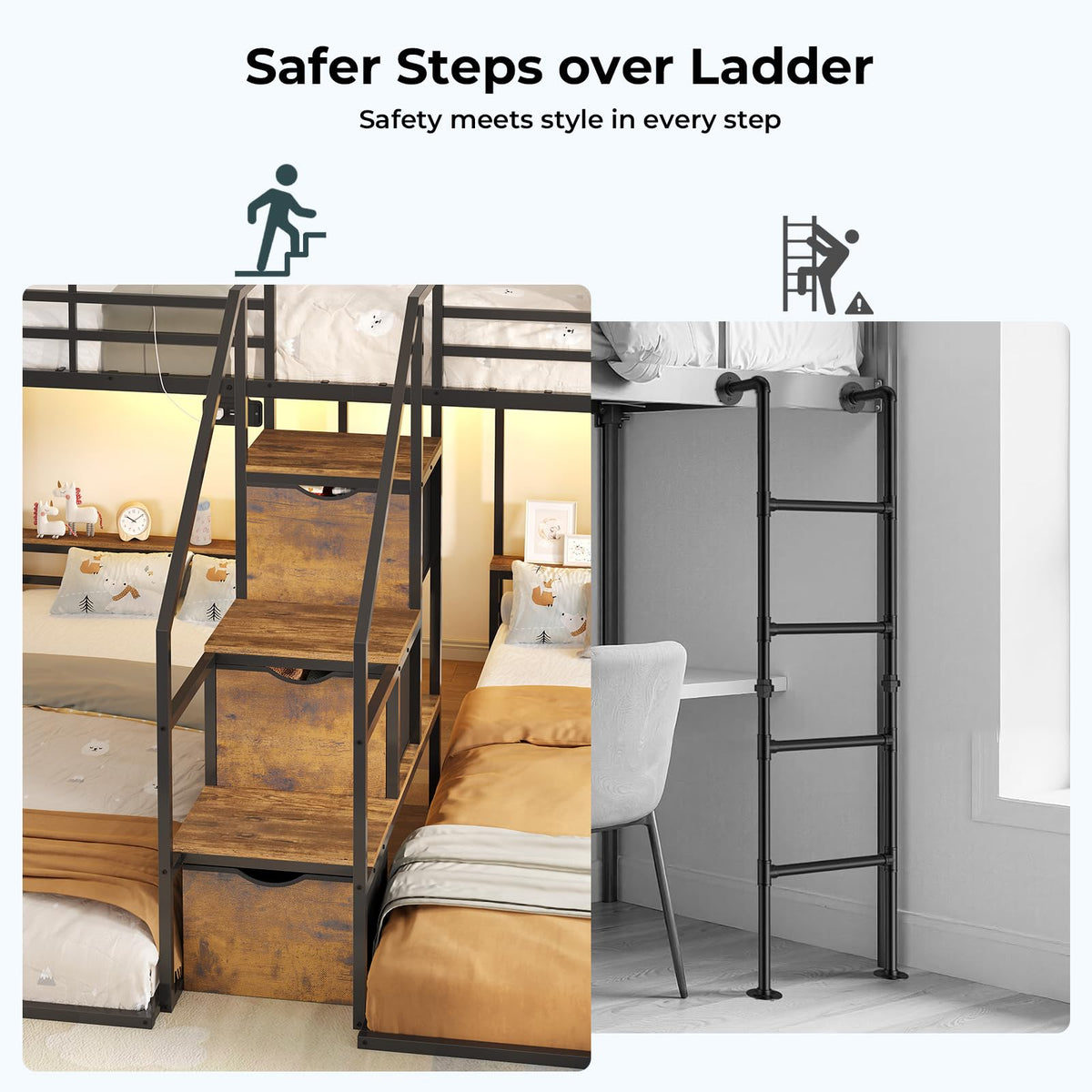 Black Triple Bunk Bed Twin Over Twin with Storage Staircase K488