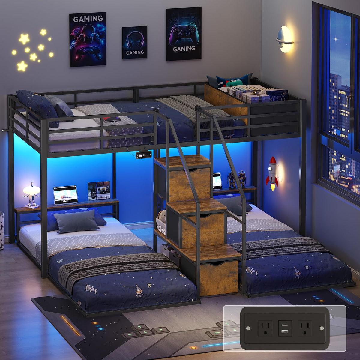Black Triple Bunk Bed Twin Over Twin with Storage Staircase K488