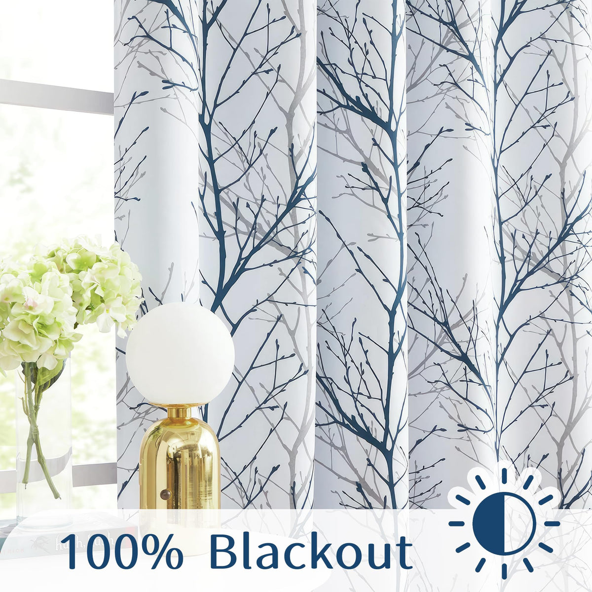 100% Blackout Blue Grey Tree Branch Curtains 84 Inch 2 Panels K291
