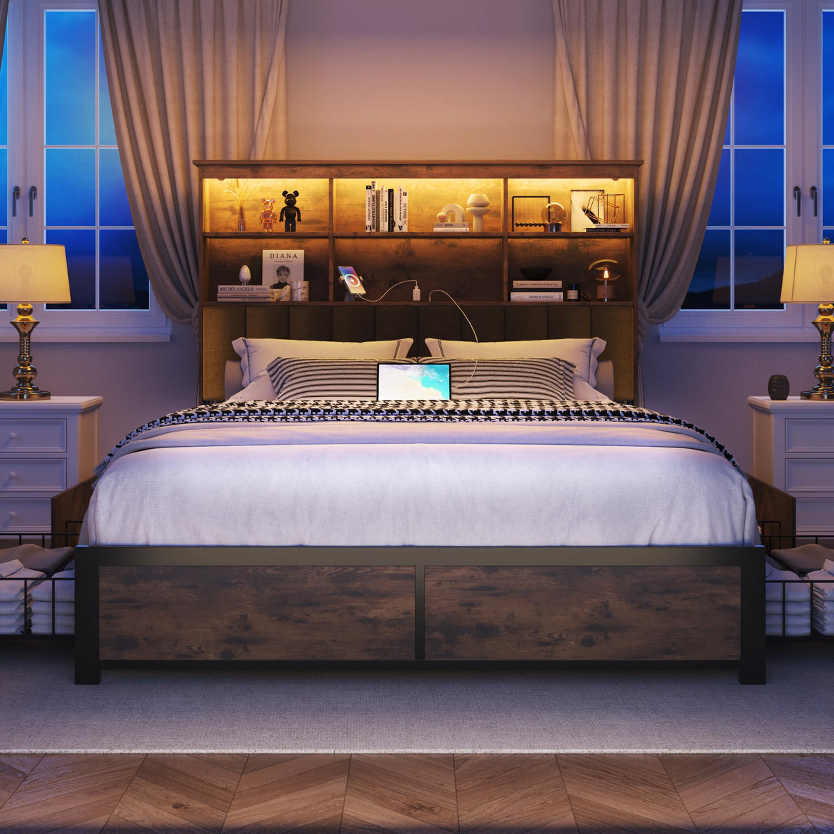Queen Bed Frame with Storage Drawers and Charging Station P9154