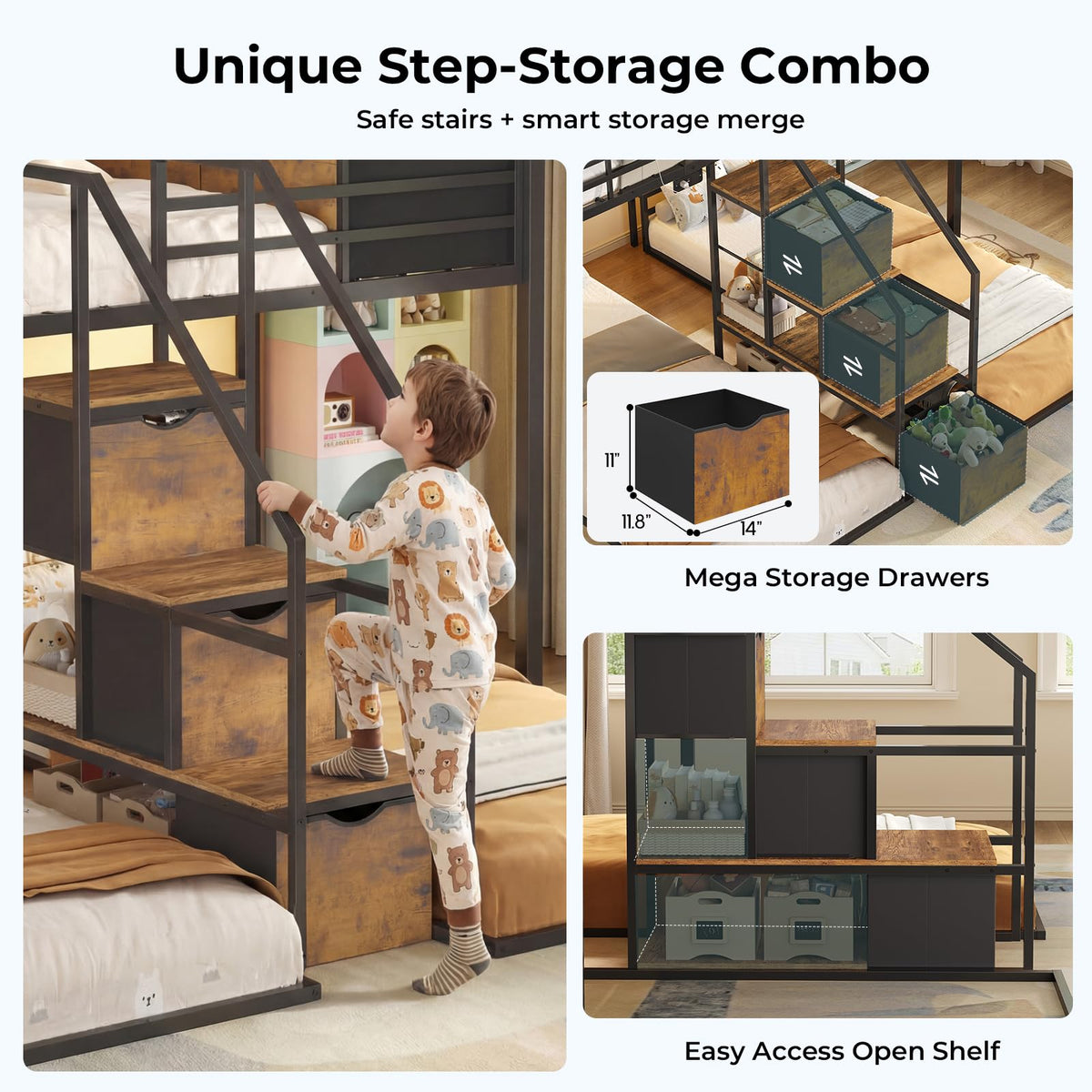 Black Triple Bunk Bed Twin Over Twin with Storage Staircase K488