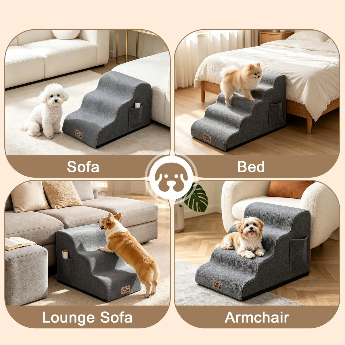 15.7" H Non-Slip Foam Dog Stairs with Storage Pocket Y15019