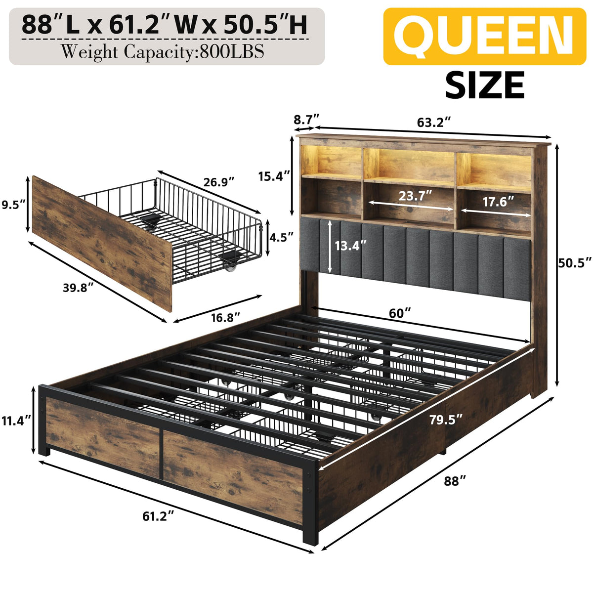 Queen Bed Frame with Storage Drawers and Charging Station P9154
