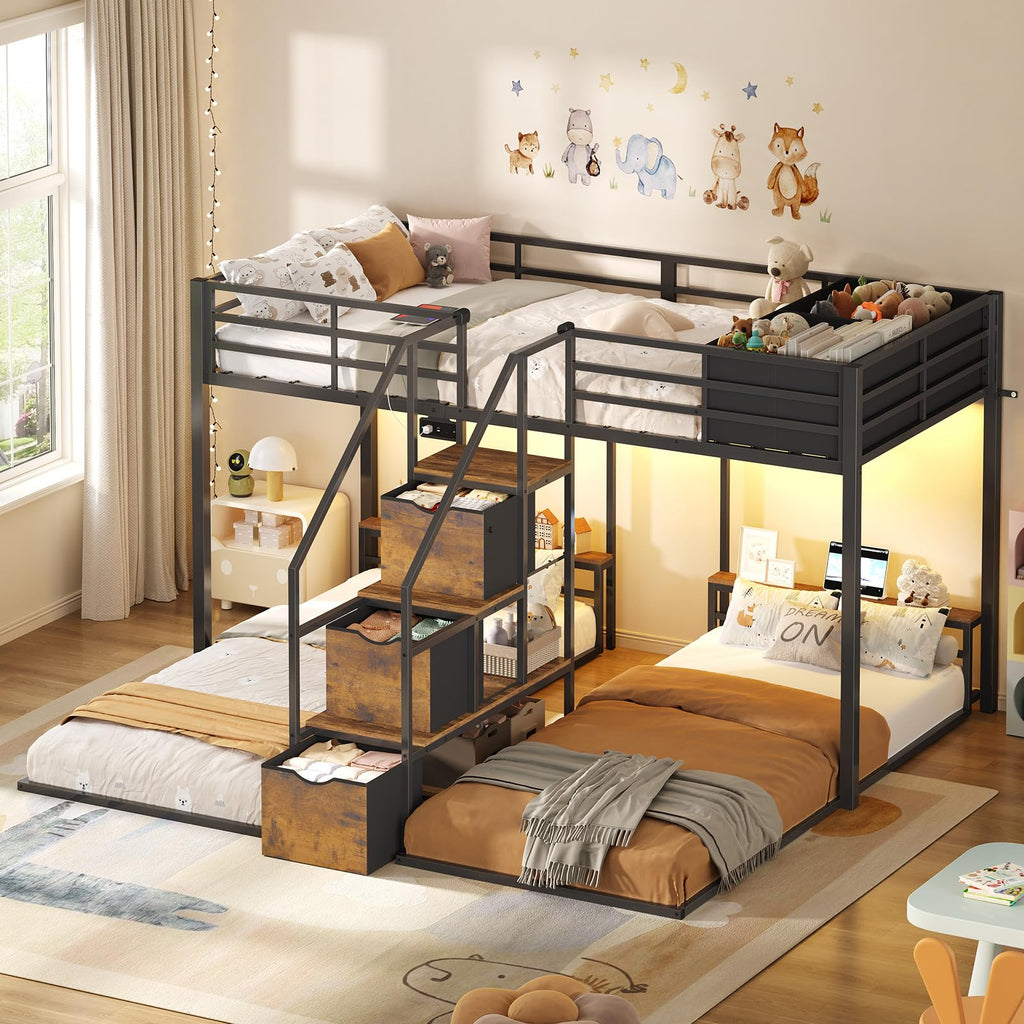 Black Triple Bunk Bed Twin Over Twin with Storage Staircase K488