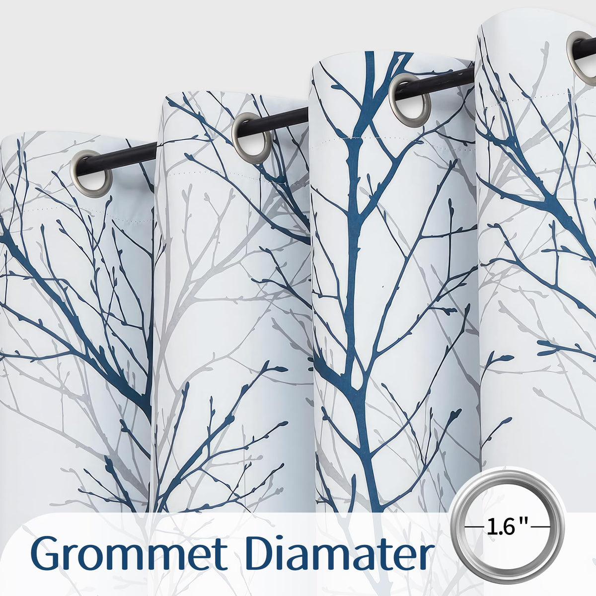 100% Blackout Blue Grey Tree Branch Curtains 84 Inch 2 Panels K291