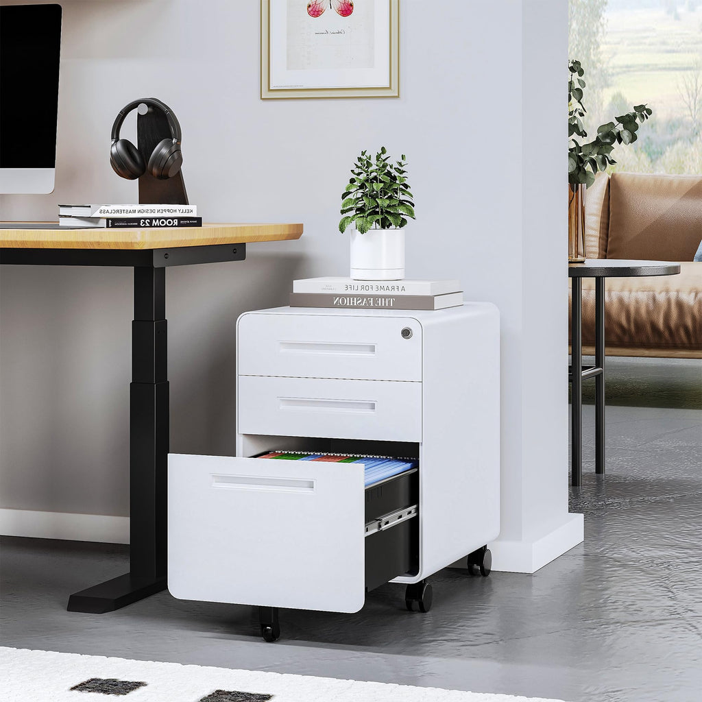 3 Drawer White Metal Filing Cabinet with Lock J41279