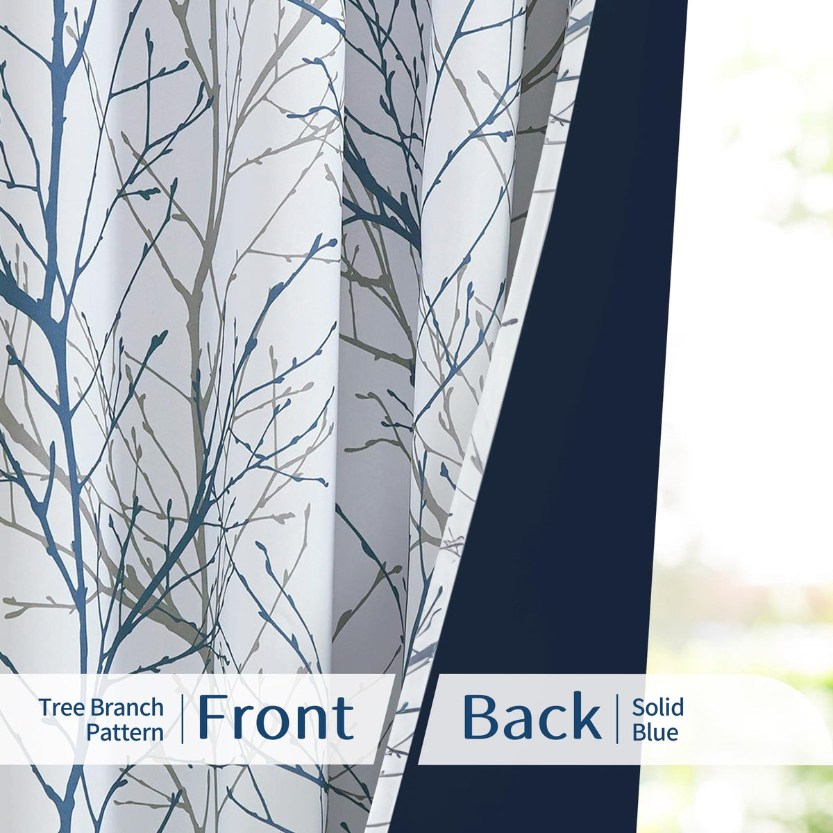 100% Blackout Blue Grey Tree Branch Curtains 84 Inch 2 Panels K291
