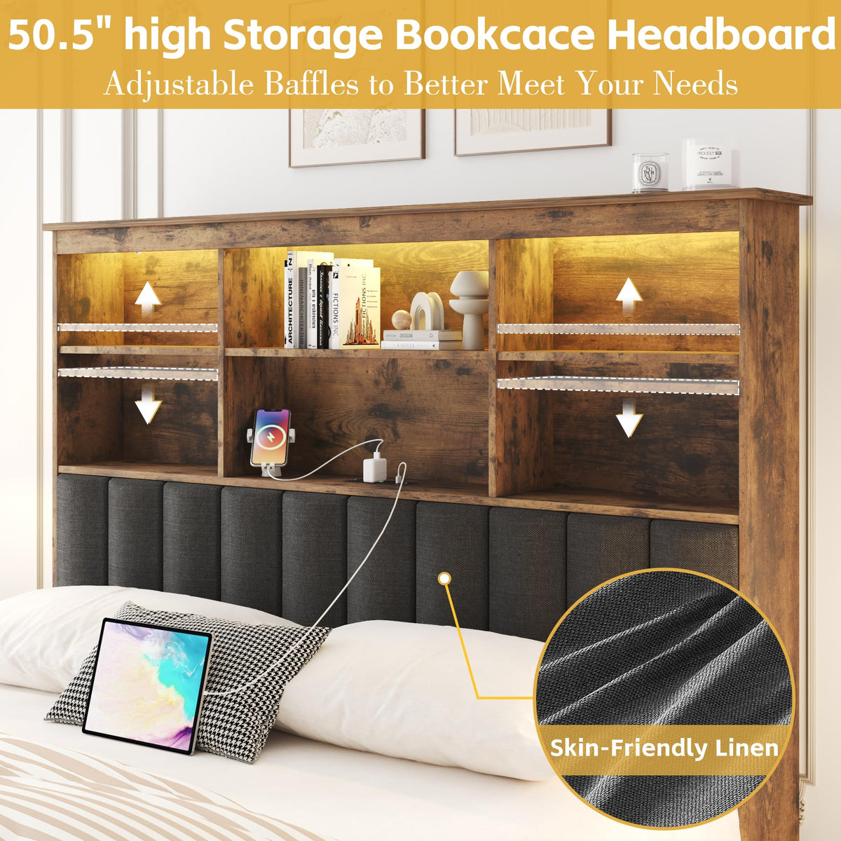 Queen Bed Frame with Storage Drawers and Charging Station P9154