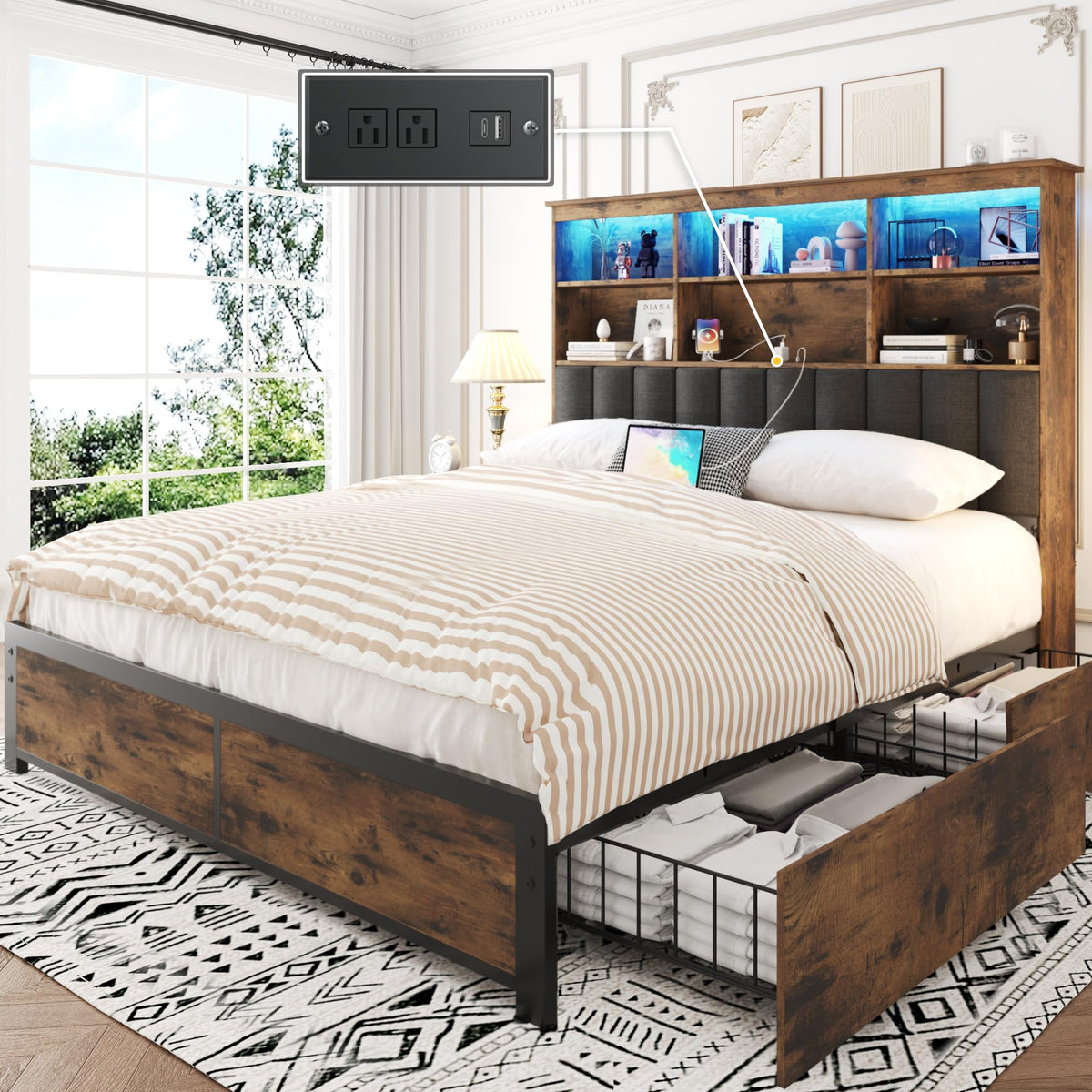 Queen Bed Frame with Storage Drawers and Charging Station P9154