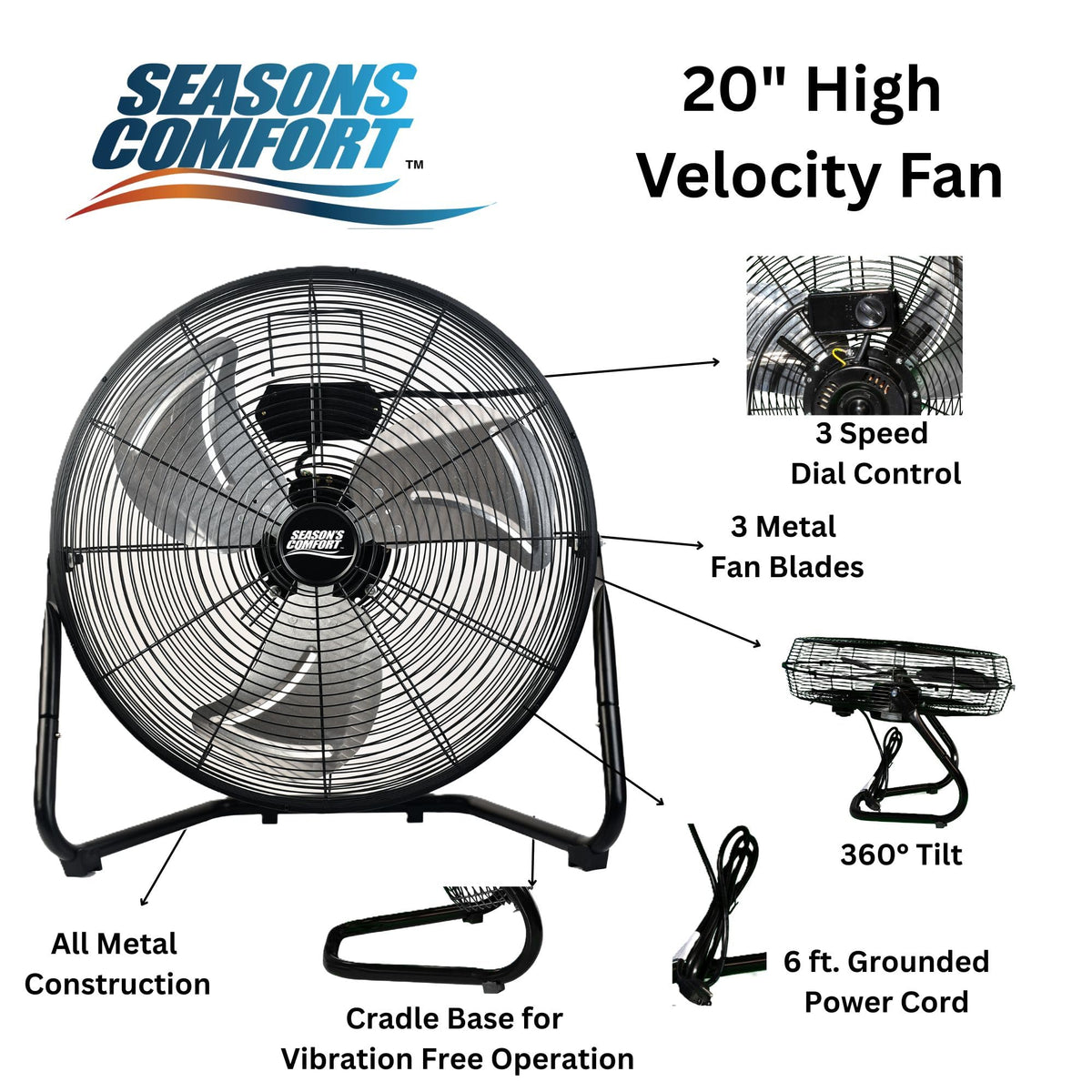 20 Inch 3 Speed Black High Velocity Fan H699