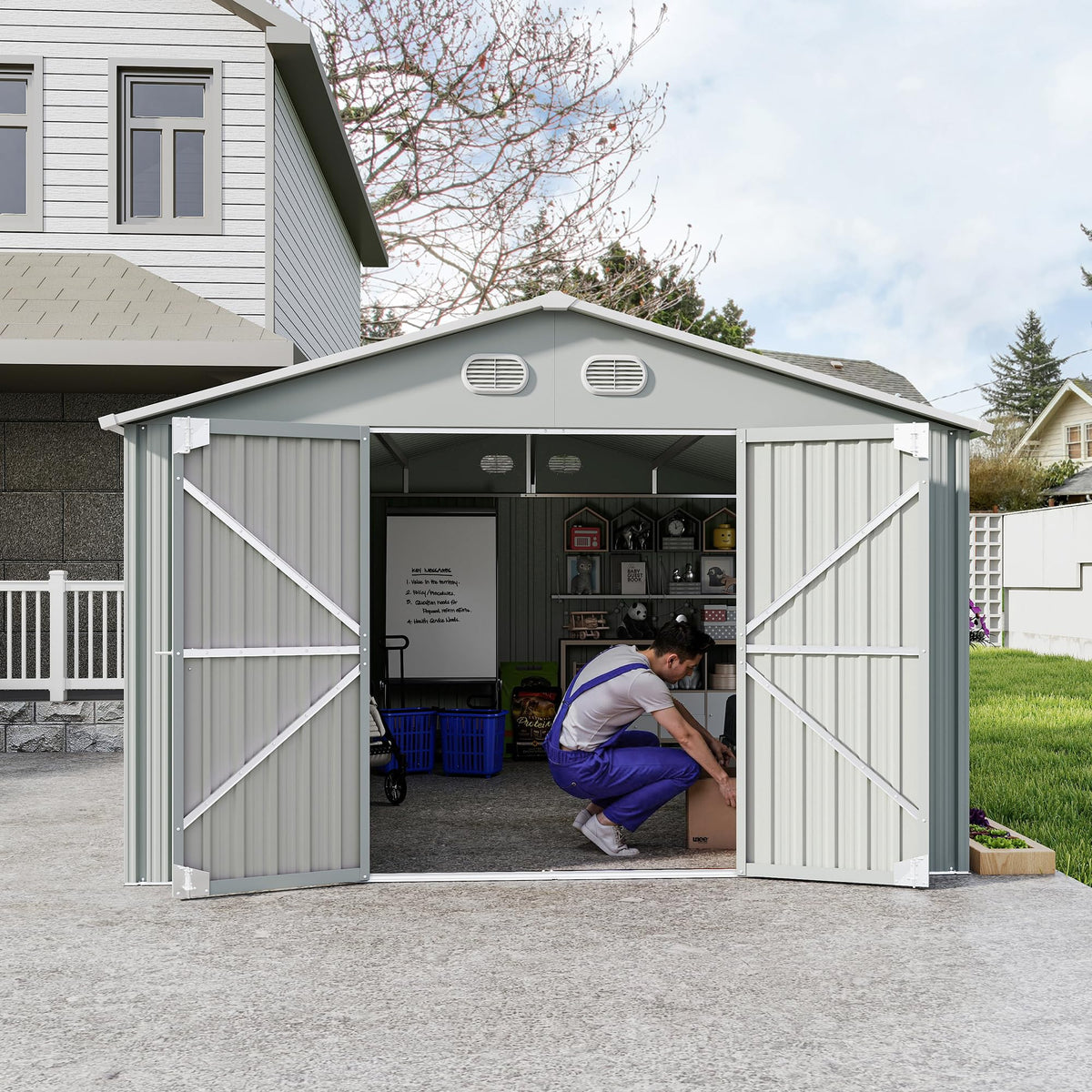 10x12 FT White Metal Storage Shed with Lockable Doors W89982