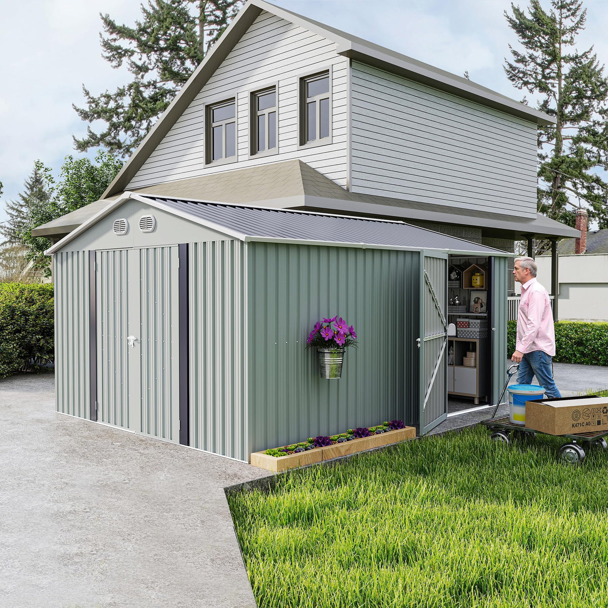 10x12 FT White Metal Storage Shed with Lockable Doors W89982