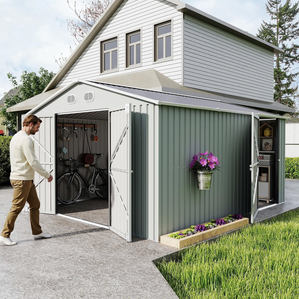 10x12 FT White Metal Storage Shed with Lockable Doors W89982